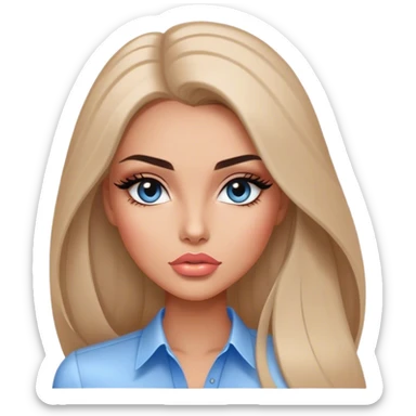 Glamours, tanned, very beautiful girl, with big pump peach-beige-rose lips, long long lashes, black straight smooth silky long hair, straight parting hair, blue-grey eyes, in white shirt sticker