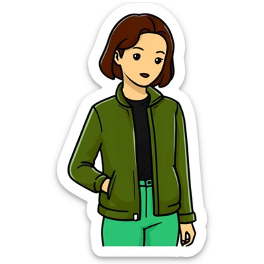 woman wearing dark olive green jacket over a lighter green top sticker