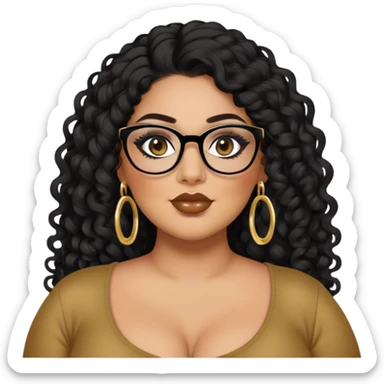 big plus size, latina, darker tan skin, long black curly hair, baddie,pretty, makeup, lipliner, black eyeliner, long hair, gold earrings, black top, glasses sticker