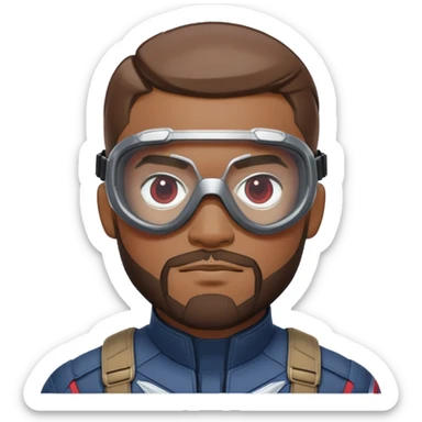 sam wilson with a very short hair close to the scalp and  a well-groomed beard that connects to his mustache,  wear sleek, red-tinted tactical goggles fit snugly from captain america: civil war sticker