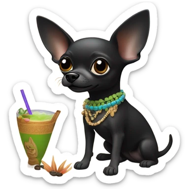 black chihuahua on beach with tiki drink sticker