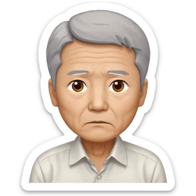 Chinese man 66 years old, worried tired expression, receding gray hair, brown eyes, rumpled formal shirt sticker