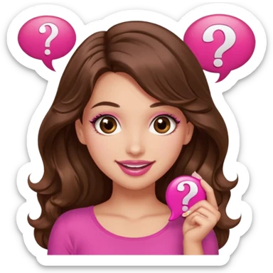 girl with long wavy brown hair, brown eyes, long lashes makeup, sexy pink lips, light to medium complexion, wearing a pink sexy top, shugging, question mark one speech bubble sticker