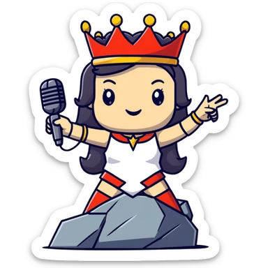 rock and roll queen with crown, microphone, rock star pose, energetic sticker