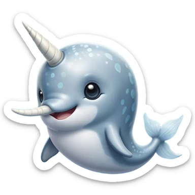 Cinematic Noble Cute Narwhal Portrait Emoji, Poised and graceful, with a streamlined, gently curved body clad in mottled, silvery-gray skin, accented by a long, spiraled ivory tusk and wide, expressive eyes radiating playful intelligence, Simplified yet sharp and sophisticated features, highly detailed, glowing with a cool, frosted ocean glow, high shine, intelligent and enigmatic, stylized with an air of whimsical marine majesty, focused and graceful, soft glowing outline, capturing the essence of a watchful and confident cute narwhal that appears ready to glide out of the screen with effortless charm! sticker