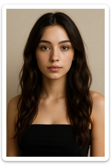 upper body portrait of a girl with dark brown long wavy hair, hazel eyes, wearing a black tube top, neutral background sticker