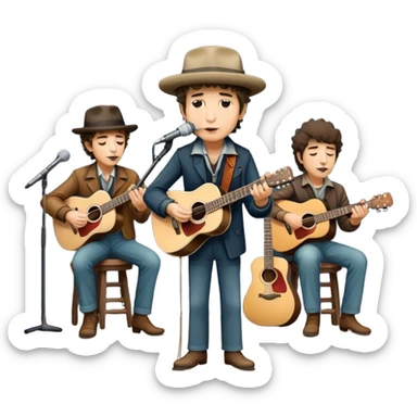Icon for Folk Music: Bob Dylan with his harmonica and acoustic guitar, performing with his band on stage. The atmosphere should be intimate and nostalgic, capturing the soul of folk music with simple instruments and natural vibes. Transparent background. sticker