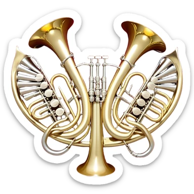Create a festive and elegant emoji collage featuring a bouquet or fan of bells of wind instrument  (trumpets, saxophones, trombones, tubes, etc.) arranged in a radiant, symmetrical pattern. The instruments should have polished, golden and silver finishes, with their large, shiny bells forming a beautiful, fan-like display. Include a flowing ribbon of musical notes swirling through the center, conveying movement and melody. The background should feature a deep red velvet texture, adding a touch of luxury and sophistication. The overall composition should be balanced, with an elegant and regal feel, with a transparent background to keep focus on the instruments and musical elements. sticker