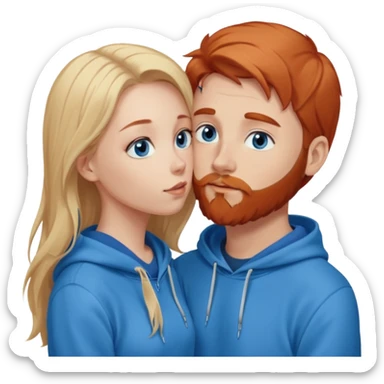 Long-pale-blonde hair, beautiful girl with blue eyes-wearing a light blue hoodie, facing, kissing reddish-brownish hair and beard boy blue eyed white guy in a dark blue hoodie sticker