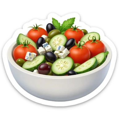 mediterranean salad bowl object icon, tomatoes, cucumbers, olives, feta cheese, olive oil dressing, 3D cartoon, mobile game icon style, clean background, no text, no watermark
 sticker
