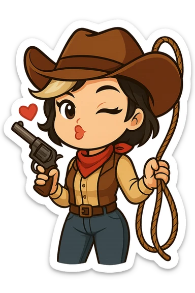 Edit this chibi cowgirl so she is holding a rope (lasso) in her left hand, as if she's just blown a kiss. Keep the new anime-style eyes, pose, winking and blowing a kiss expression, outfit, right gun, and all other details unchanged. Maintain the chibi stickers style and transparent background, sized for Twitch or Discord use. sticker