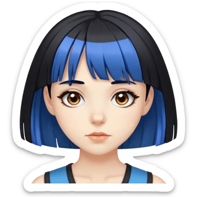 Pale girl with brown eyes, black hair with bangs, with two strips of blue hair in front sticker