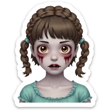 Cabelo ondulado  um pouco cheio e franja curta  Olhos marrons e pequenos e feita d ezumbi mais bonita com cabelo amarro na e com as mãos assim tipo assim🧟‍♀️ sticker