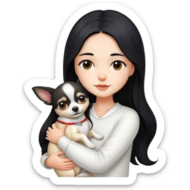 Fair skin girl - long black hair - white clothes - hugging a chihuahua sticker