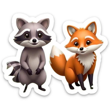 Collage of a raccoon and a fox, in close-up, set in a beautiful forest with tall trees, green bushes, and sunlight filtering through the leaves. Both animals look curious and playful. A vibrant, wild atmosphere with a transparent background. sticker