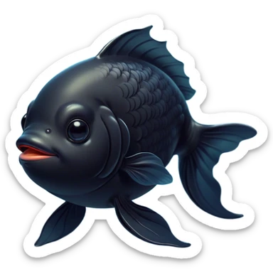 Meme-Worthy Cute Sleeping Black Goldfish Portrait Emoji, Head resting peacefully with a contented smile, showcasing a streamlined, graceful body and a luxuriously soft deep black hue, eyes closed in a serene, floating nap, Simplified yet hilariously adorable features, highly detailed, glowing with a soft, drowsy light, high shine, relaxed and utterly lovable, stylized with an air of playful laziness, bright and heartwarming, soft glowing outline, capturing the essence of a comically sleepy goldfish, so meme-worthy it feels like it could instantly become the next viral sensation of adorable slumber! sticker