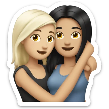 A lesbian couple that both have white skin and long black hair are hugging intimately, and romantically. sticker