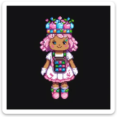 Portrait of a baker dressed in pink candy-themed clothes, gummy bears on his sleeves, rock candy crown, marshmallow gloves, skeuomorphism style sticker