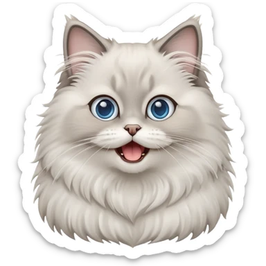 cinematic-adorable-big-eyed-fluffy-grey ragdoll-cat-portrait-emoji,-head-tilted-playfully-with-a-cute,-yawn,-white and grey fur,-simplified-yet-irresistibly-cute-features, blue eyes sticker