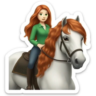 long-haired redhead woman with green eyes, on a horse back riding sticker