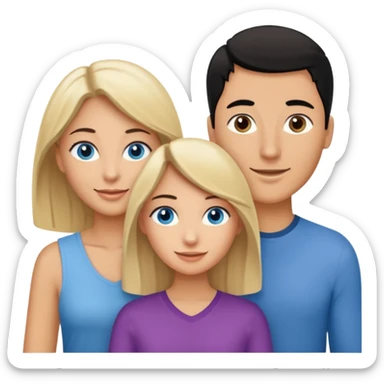 Blond woman blue eyes on left. Man with black hair and greye eye in the middle. Brown hair woman with greye eyes on the right. Happy together sticker