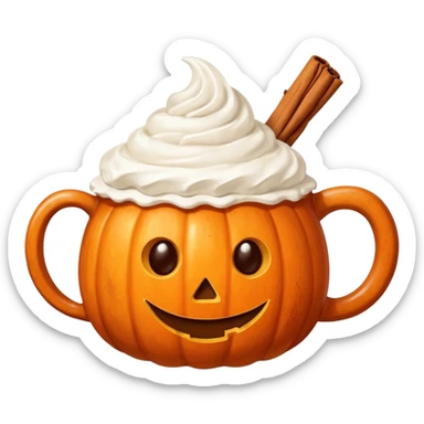 Steaming coffee Mug with whipped Cream and cinnamon Dust on Cream.  Small Punkin and 3 sticks of cinnamon next to mug sticker