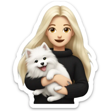 blonde girl with long hair in a black sweater holds a Samoyed puppy in her arms sticker