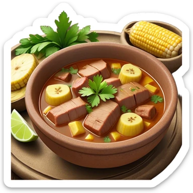 Cinematic Realistic Sancocho Antioqueño Emoji, depicting a hearty Colombian stew brimming with tender cuts of meat, yuca, plantains, corn on the cob, and potatoes in a rich, flavorful broth. Served in a rustic clay bowl with fresh cilantro and lime on the side, rendered with warm, inviting textures and homely, comforting lighting. sticker