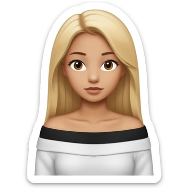 Mujer color de piel moreno claro, con cabello rubio largo, lacio y suelto, ojos negros viendo a la cámara, usando un suéter off shoulders blanco sticker