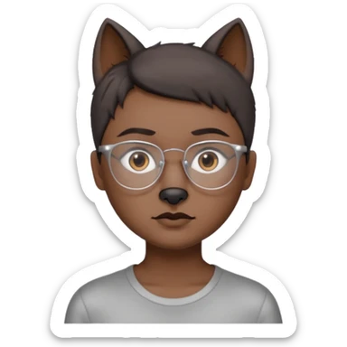 personagem com Wolf cut curto, cabelo castanho escuro, olho castanho escuro, sombrancelha castanho escuro, óculos sem aro prata. sticker