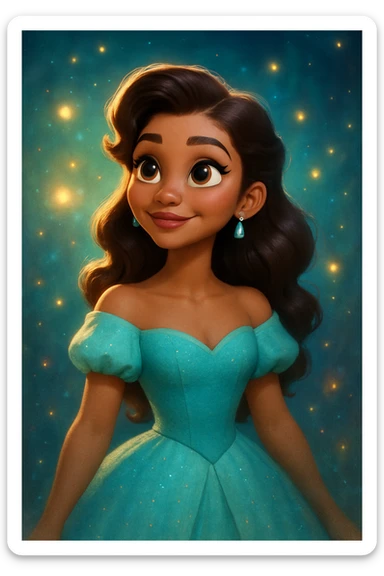 Zendaya reimagined in a 3D classic Disney look, with a whimsical, fairytale-inspired dress, large expressive eyes, and a magical aura sticker