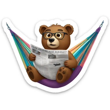 Bear relaxing on a hammock wearing glasses reading a newspaper. sticker