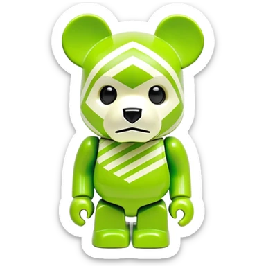 authentic bearbrick figure with geometric bear head, lime green mask with Off-White diagonal stripes logo, distinct eyebrows, collectible toy sticker