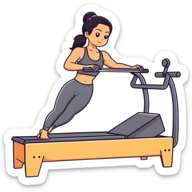 woman with tanned skin, long black hair, wearing a sports bra, doing Pilates on a reformer machine sticker