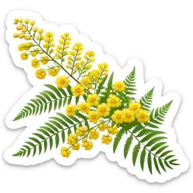 Cinematic Realistic Acacia Emoji, Bright and cheerful, with clusters of fluffy yellow flowers blooming along delicate branches. The wattle’s soft, fern-like leaves sway in the breeze, radiating a sense of warmth and joy. Soft glowing outline, capturing the essence of Australian sunshine, warmth, and beauty in a vibrant acacia tree! sticker