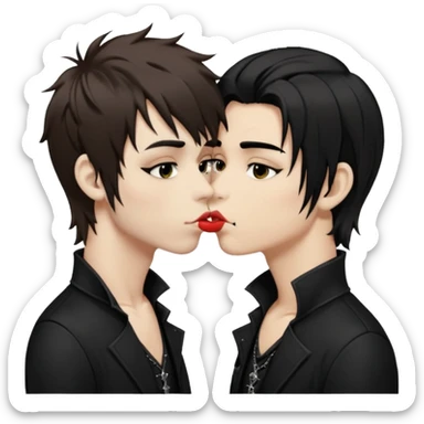 Goth Boys, one goth boy pale with shaggy brown hair and makeup, the other a goth boy tan with long black hair, kissing sticker