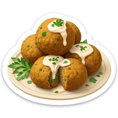 Cinematic Realistic Falafel Dish Emoji, depicted as crispy, golden falafel balls served with tahini sauce rendered with lifelike textures and vibrant, appetizing lighting. sticker