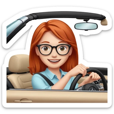 Red head girl smile with glasses driving fast in a Mercedes convertible sticker
