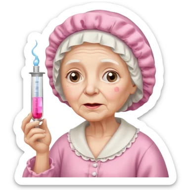 sick old woman with glass thermometer on her mouth pink night gown, pink bonnet on her head sticker