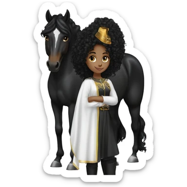  White Brazilian girl,  black curly hair, standing next to a black Arabian horse sticker