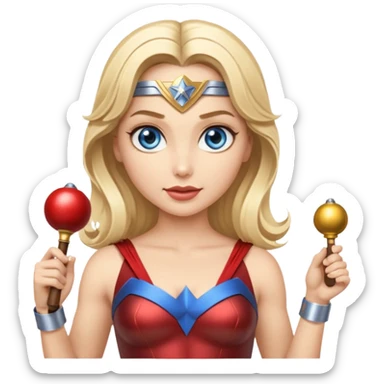 Blonde blue eyes Wonder Woman holding bell and short white orchestra conductor’s baton  sticker