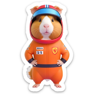 full-body guinea pig wearing a detailed, cute Formula 1 racing suit and helmet, standing pose sticker