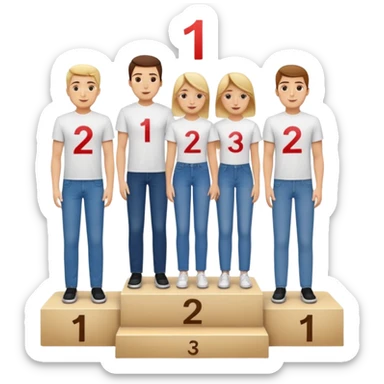 show people on podium in first, second and third place.  The podium should be labled 2, 1, 3.  The middle position should only have the number 1.  the people should be dressed in relaxed clothes like jeans and t-shirts sticker