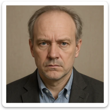 portrait of a man with receding gray hair, blue eyes, and a serious expression, neutral style sticker