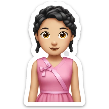 a little asian girl with braid black hair, using pink cute dress and ribbon sticker