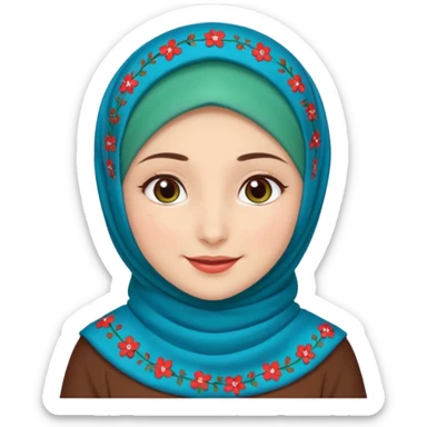 Turkish beautiful finish Konya girl brown eyes white skin with red blue green mini flowers hijab and brown islamic dress and smiles sticker