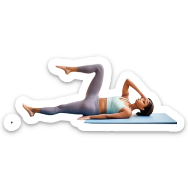 A person performing a Pilates exercise on a mat in a clean, modern studio. The focus is on core strength and flexibility, with a neutral, calming color palette. Simple equipment like a reformer machine and a soft, tranquil background enhance the feeling of controlled movement and focus. sticker