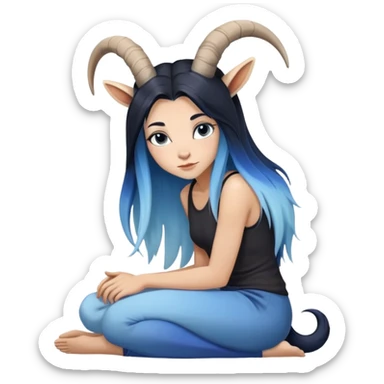 Art of a human white woman's very perfect body scheme anatomy-very long straight black to blue hair ombre-small goat horns-lean back-on knees sticker