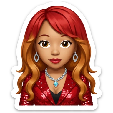 Tameka Tiny Harris from Xscape with long reddish blonde hair, red sequin outfit sticker