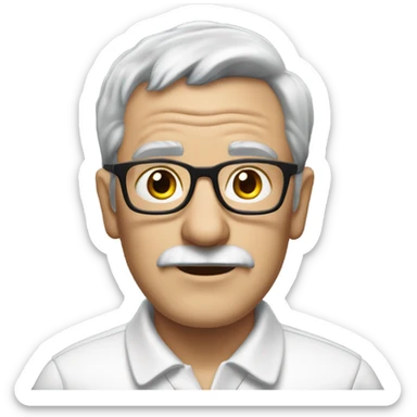 old english man, with glasses, grey hair, no moustache. wearing a white smart polo shirt with black buttons. sticker